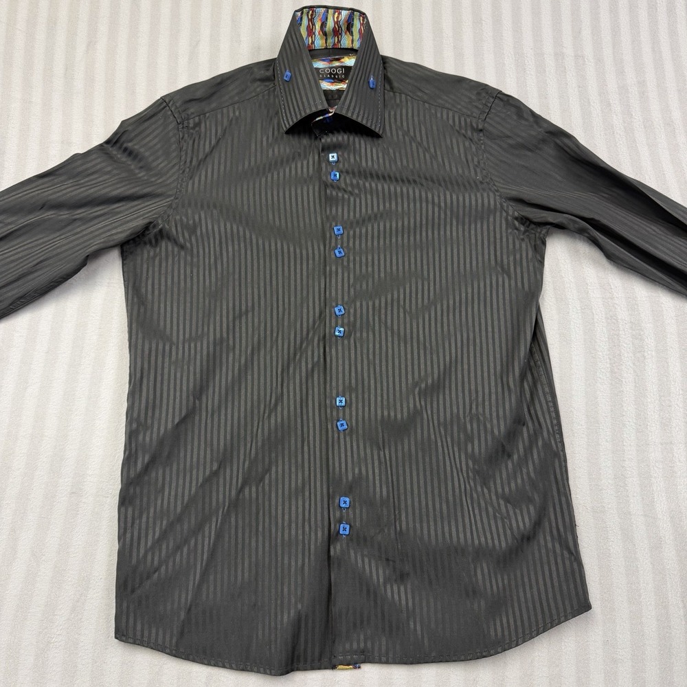 Coogi Classic Dress Shirt Mens 16 32/33 Black Striped Button Flip Cuff Stretch